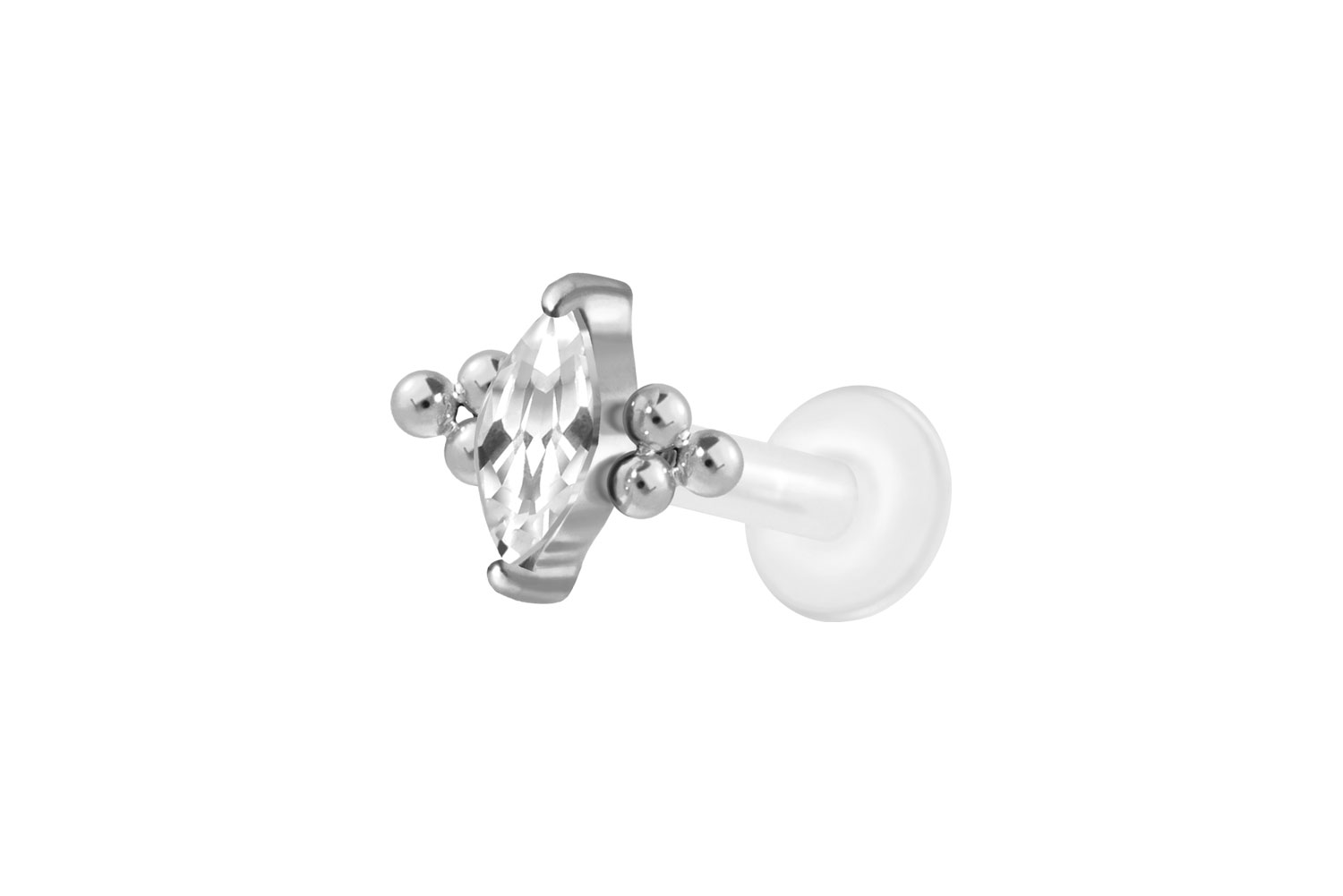 PTFE Labret Piercing mit Innengewinde + Titan-Aufsatz KRISTALLTROPFEN + 6 KUGELN